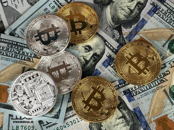 Close-up of physical Bitcoin coins